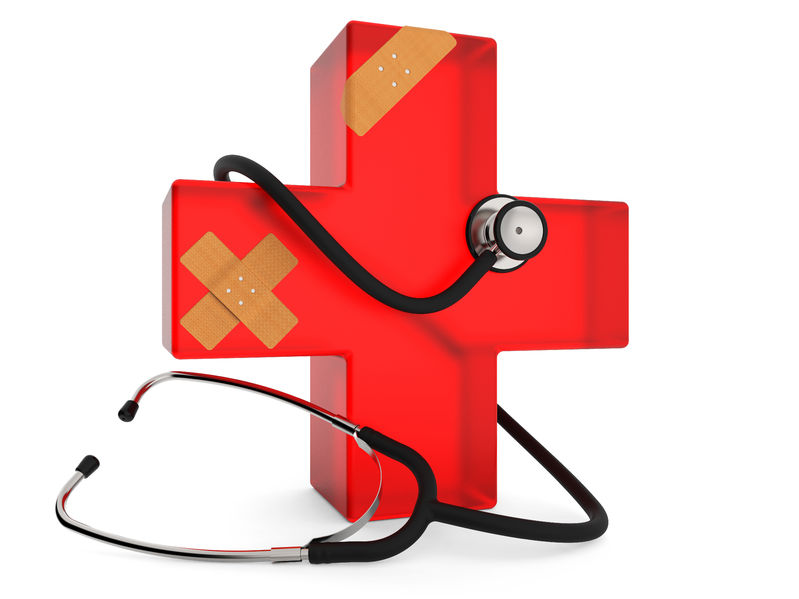 Healthcare logo image in red with band aids on it and stethoscope wrapped around it